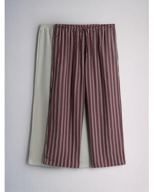 The Set 2 Pack Pull On Wide Leg Pants With Linen Stone/ Stripe - Brown