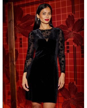 Yumi' Fitted Velvet Dress With Sheer Floral Sleeves - Red