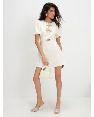 River Island Puff Sleeve Bow Trim Pearl Mini Dress - Natural
