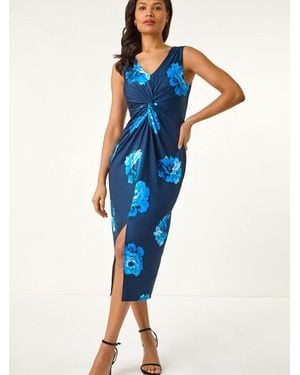 Roman Floral Twist Front Midi Dress - Blue