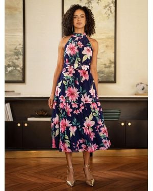 Yumi' Floral Halter Neck Midi Dress With Matching Belt - Black