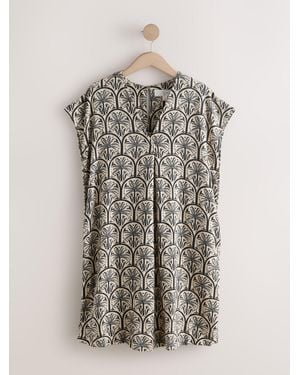 Next Linen Blend Short Sleeve V-Neck Kaftan Mini Dress - Multicolor