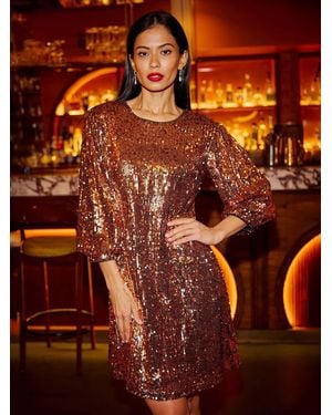 Yumi' Sequin Tunic Dress With Balloon Sleeves - Orange