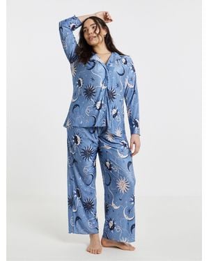 Simply Be Celestial Button Through Plisse Pyjamas Set - Blue