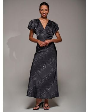 Jolie Moi Ruffle Sleeve Print Satin Maxi Dress - Gray