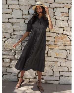 Threadbare 100% Cotton Short Sleeve Collared Broderie Maxi Shirt Dress - Gray