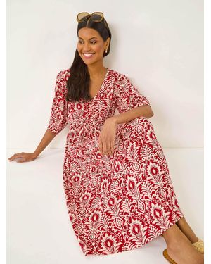 Roman Abstract Print V-Neck Midi Dress - Red