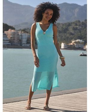 Sosandar Crochet V-Neck Midi Dress With Shell Detail - Blue