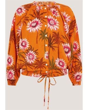 Monsoon Fallon Ruffled Neckline Floral Print Long Sleeve Blouse With Golden Sequins - Orange