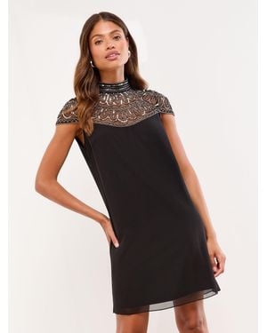 Lipsy Mini Mesh Embellished Beaded Neck Shift Dress - Black