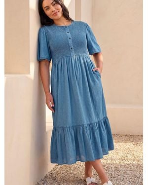 Roman Curve Denim Shirred Midi Dress - Blue