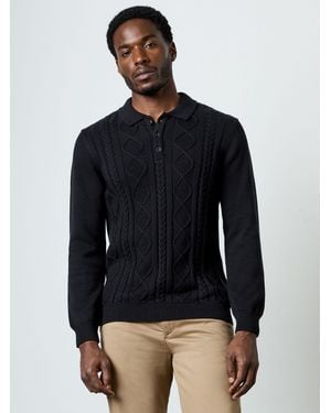 French Connection Cotton Nylon Blend Cable Knit Long Sleeve Polo Jumper - Blau