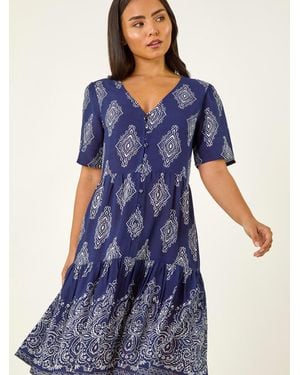 Roman Petite Border Print Tiered Dress - Blue