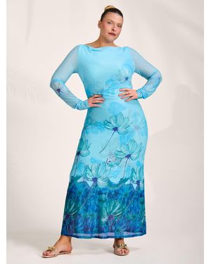 Jolie Moi Long Sleeve Slash Neck Mesh Maxi Dress - Blue