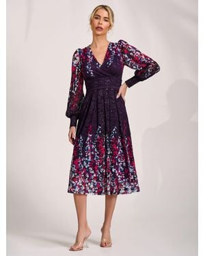 Jolie Moi Long Sleeve Printed Lace Midi Dress - Purple