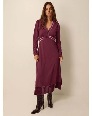 Monsoon Viv Velvet V-Neck Jersey Midi Dress - Red