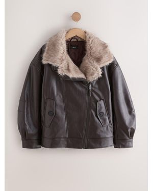 Next Pu Bomber Jacket With Faux Fur Trim - Black