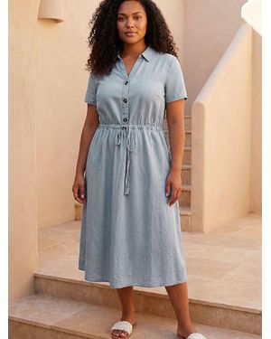 Roman Curve Tie Waist Shirt Dress - Blue