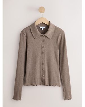 Next Ribbed Long Sleeve Button Through Polo Shirt - Natural