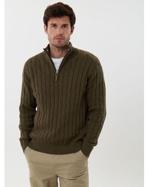 Saltwell Cable Knit Cotton Funnel Neck Quarter Zip Jumper - Green