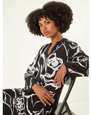 Roman Floral Abstract Knit Dress - Black