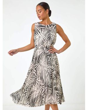 Roman Petite Leaf Print Pleated Midi Dress - White