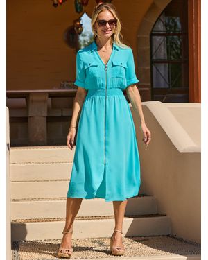 Sosandar Shirred Waist Zip Front Shirt Dress - Blue