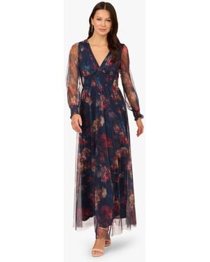 Adrianna Papell Print Mesh Maxi Dress - Blue