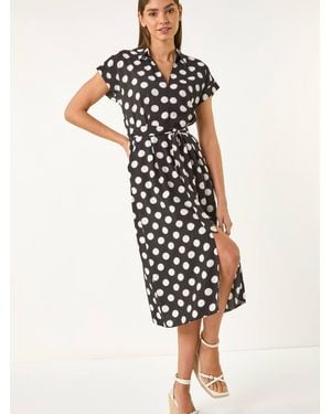 Roman Spot Print Belted Midi Dress - White