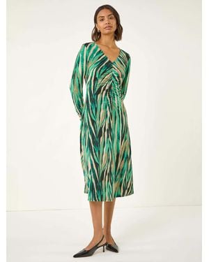 Roman Abstract Print Ruched Midi Stretch Dress - Green