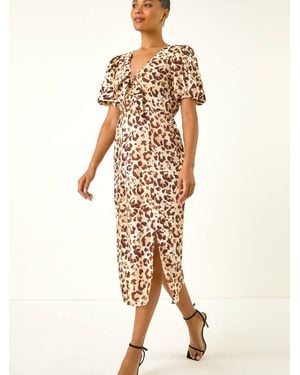 Roman Animal Print Tie Front Midi Dress - Natural