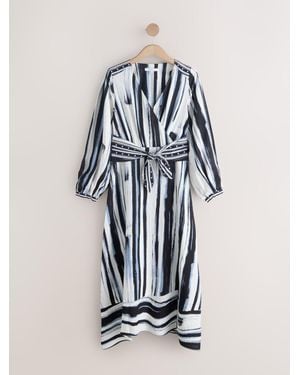 Next V-Neck Tie Waist Long Sleeve Midi Dress - Blue