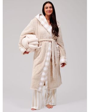 Loungeable Gingham Trim Luxury Fleece Midi Hooded Dressing Gown - Natural