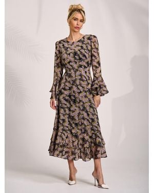 Jolie Moi Midaxi-Kleid Aus Chiffon Mit Print Und Rüschen - Natur