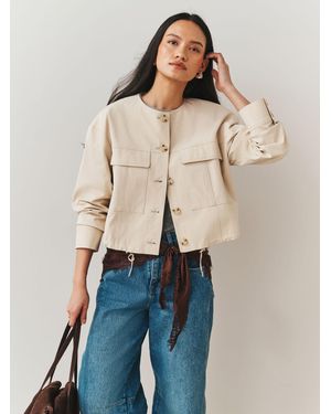 Nothing Ordinary Premium Cotton Rich Collarless Utility Button Up Jacket - Natural
