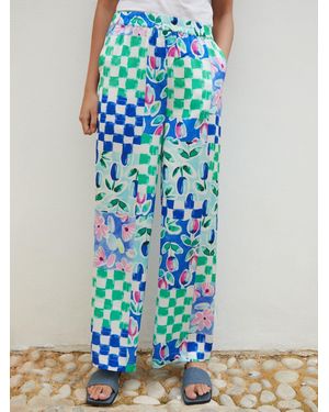 ANOTHER SUNDAY Floral Printed Check Satin Wide Leg Pants - Blue