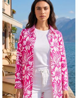 Roman Floral Print Longline Cotton Shirt - Pink