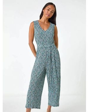 Roman Petite Ditsy Crinkle Crop Jumpsuit - Blue