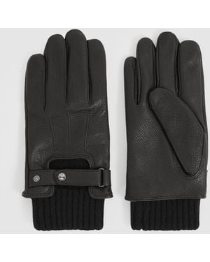 Reiss Sanford - Black Leather Ribbed-cuff Gloves, M