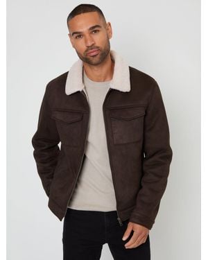 Threadbare Dark Faux Suede Borg Lined Aviator Jacket - Grey