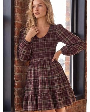 Roman Check Tiered Dress - Brown