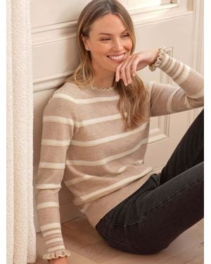 Pure Collection Cashmere Blend Pretty Pointelle Stripe Jumper - Brown
