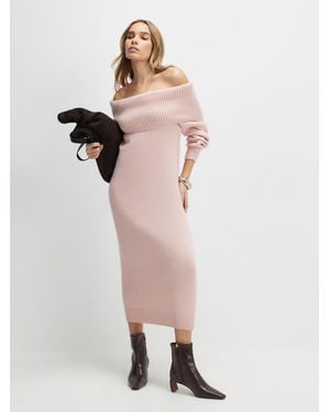 River Island Long Sleeve Bardot Knitted Midi Dress - Natural
