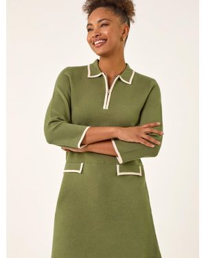 Roman Contrast Zip Collared Knit Dress - Green