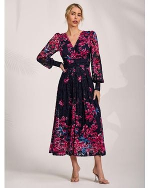Jolie Moi Long Sleeve Printed Lace Maxi Dress - Pink