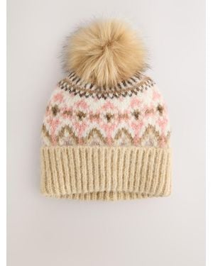 Next Nude Knitted Fairisle Pom Hat - Natural