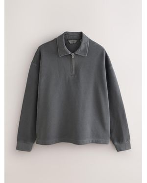 Next Heavyweight Boxy Fit Long Sleeve Polo Shirt - Gray