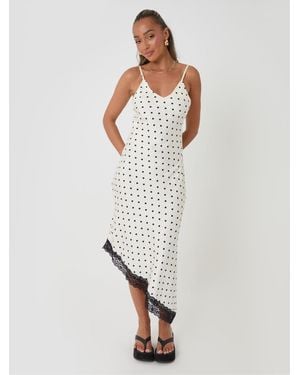 Threadbare Polka Dot Satin Lace Trim Maxi Dress - White