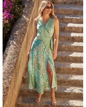 Sosandar Scarf Print Satin Wrap Front Midi Dress - Green