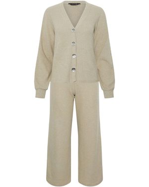 PixieGirl Petite Pixiegirl Petite Ribbed Cardigan & Wide Leg Pants Set - Natural